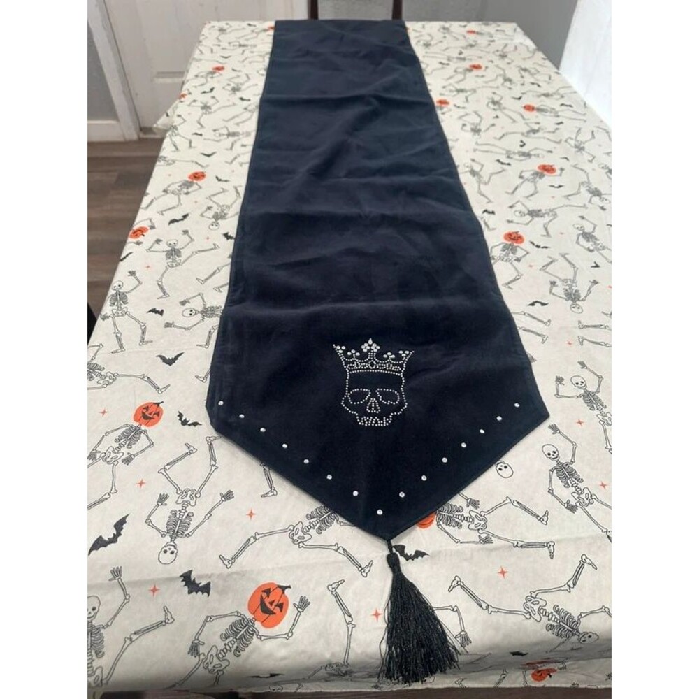 Halloween Gothic Table Runner Rhinestone Skull Black Velour Tassels 71”x13.5”